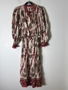 by TiMo Red and Off White Long Sleeve Belted Maxi Dress Sz L